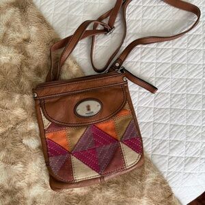 Fossil Brown and Orange Crossbody Bag with Geometric Design